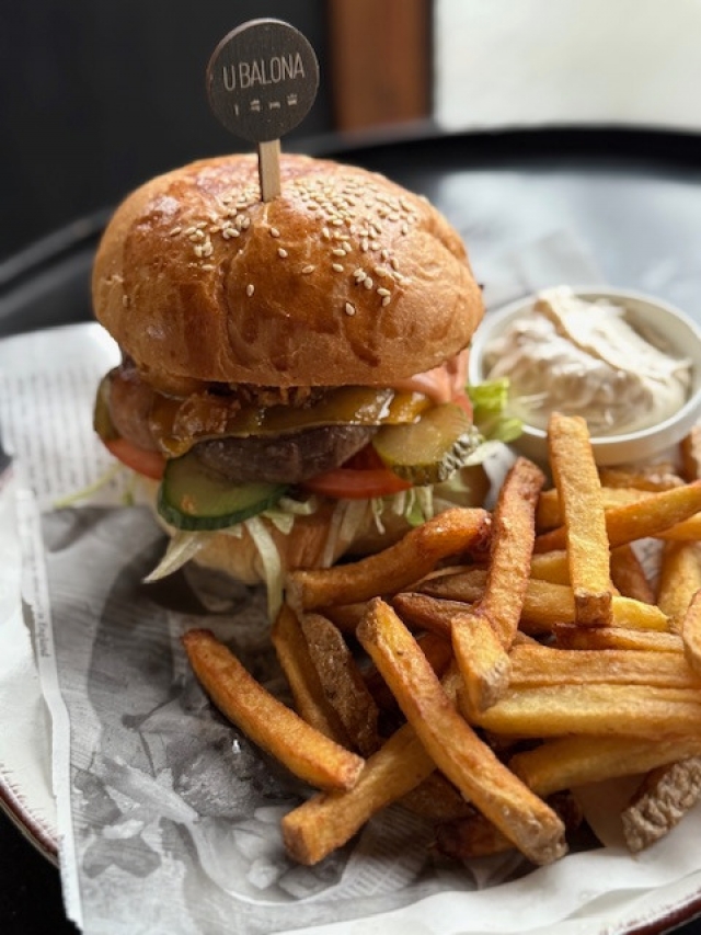 ČMOUD burger námi zauzené mleté hovězí maso v naší housce, sýr cheddar, slaninový chips, zauzená mayo, naše hranolky